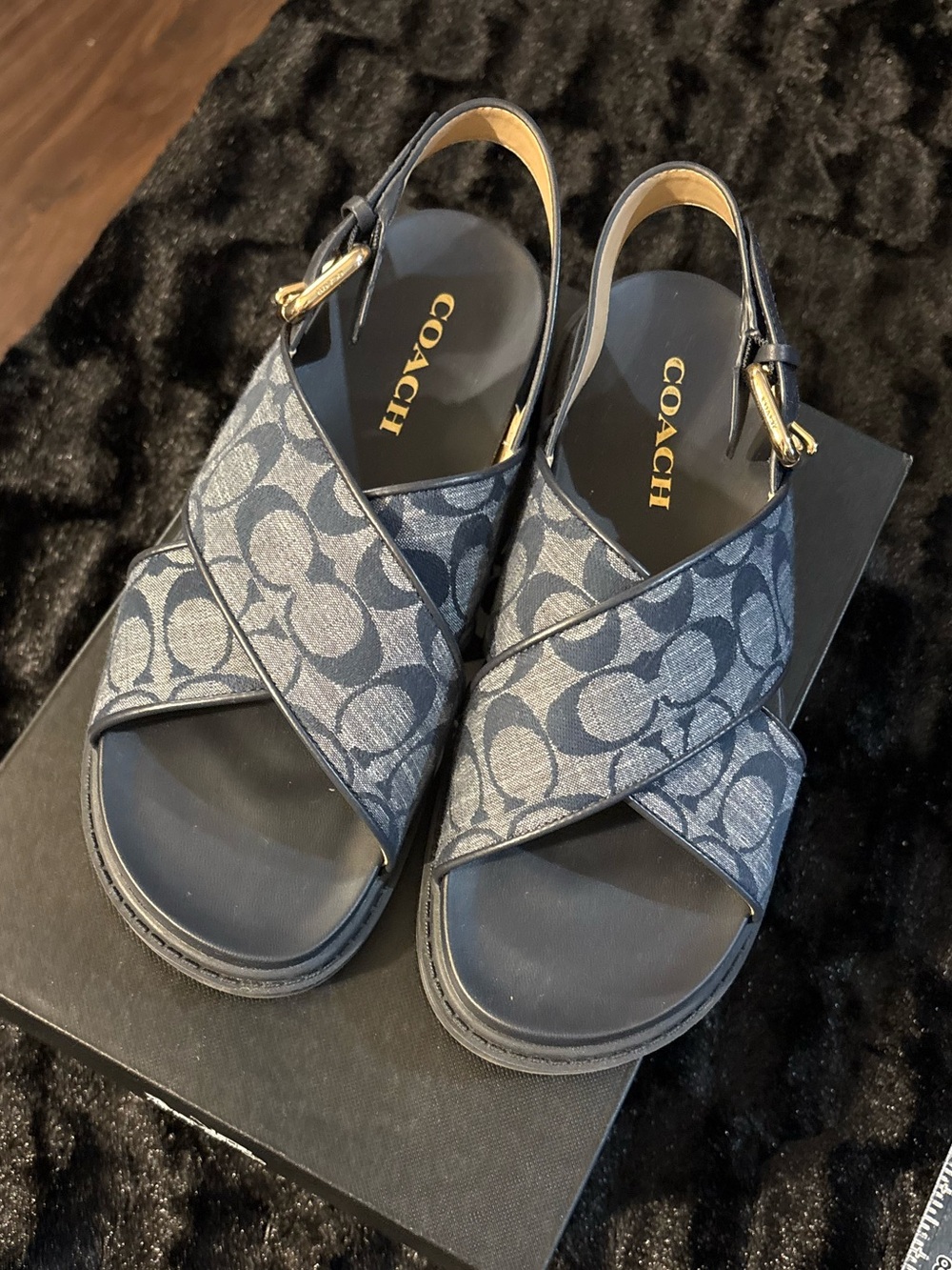 Coach Navy Signature Crisscross Slingback Sandals